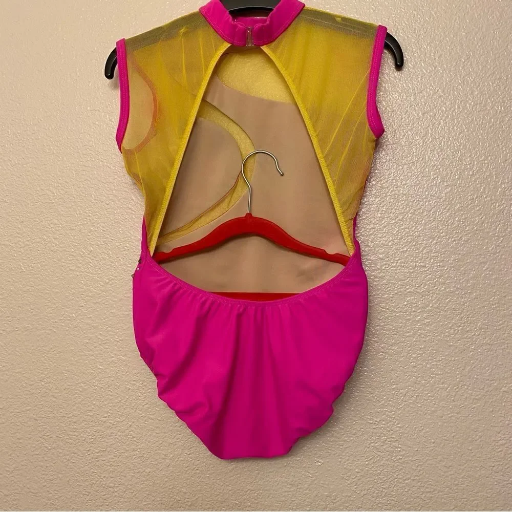 LA dance custom Solo neon pink yellow mesh cutout leotard illusion bling XSA